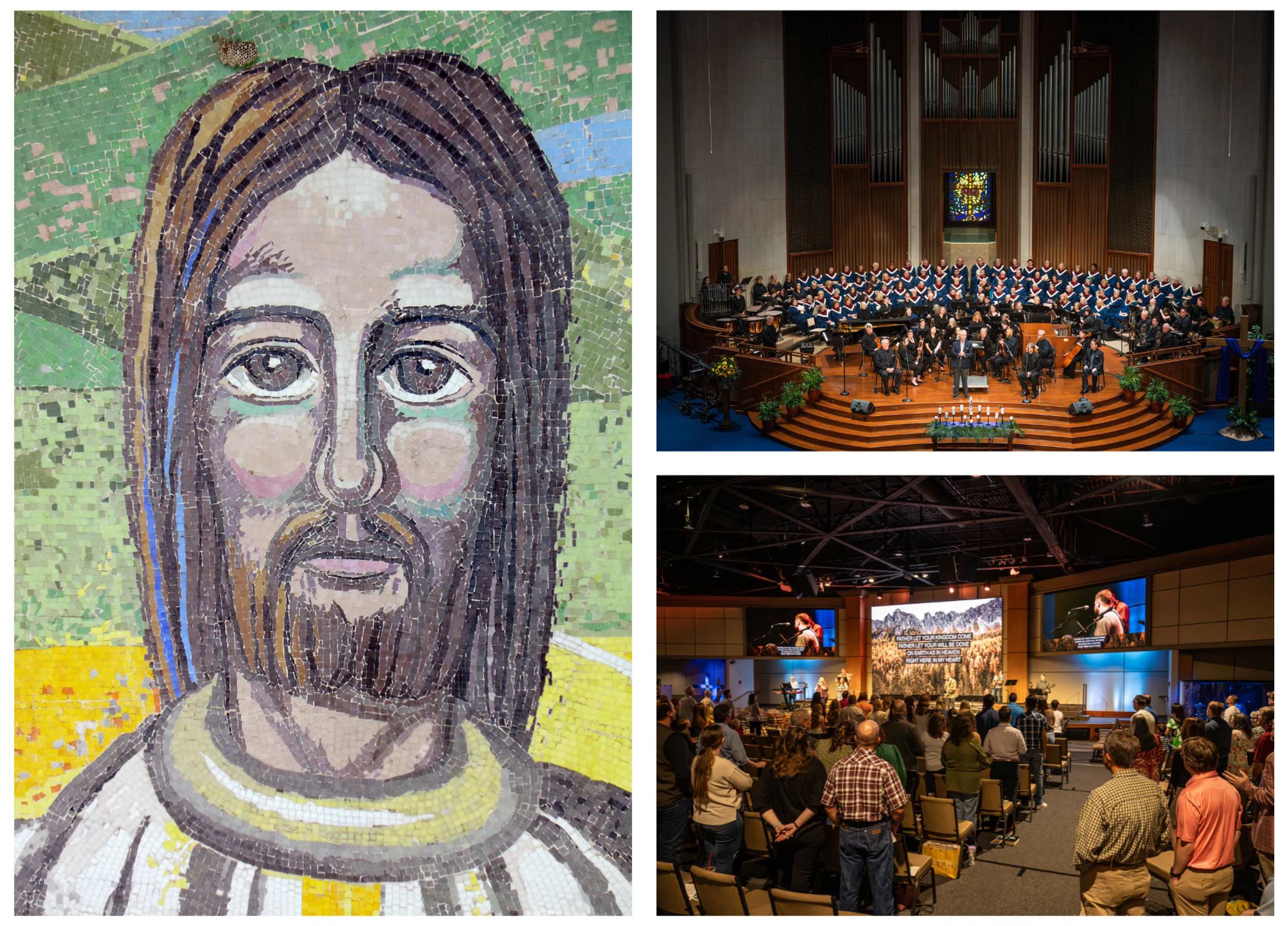A collage showing three images: a mosaic of Jesus, a traditional church service with a large choir and pipe organ, and a contemporary church worship service.